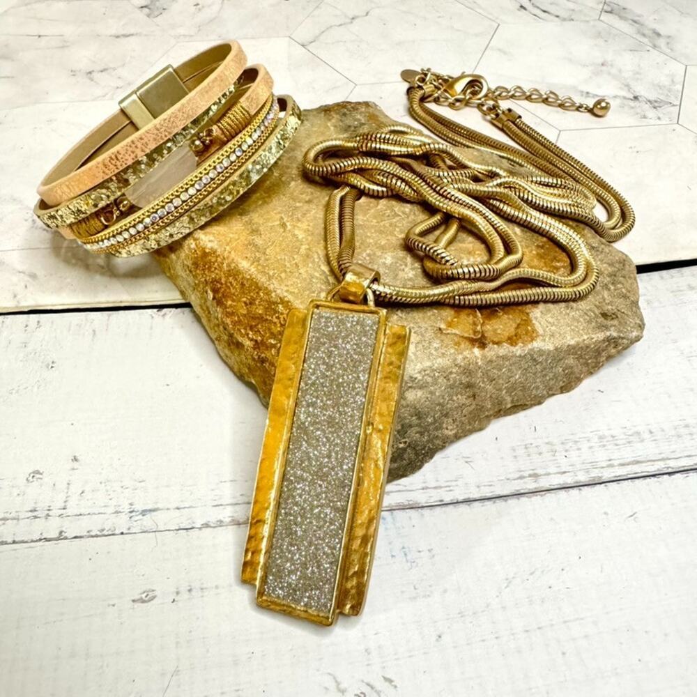 Chico's Necklace Long Multi Snake Chain Gold Tone Silver Glitter w/Boho Bracelet